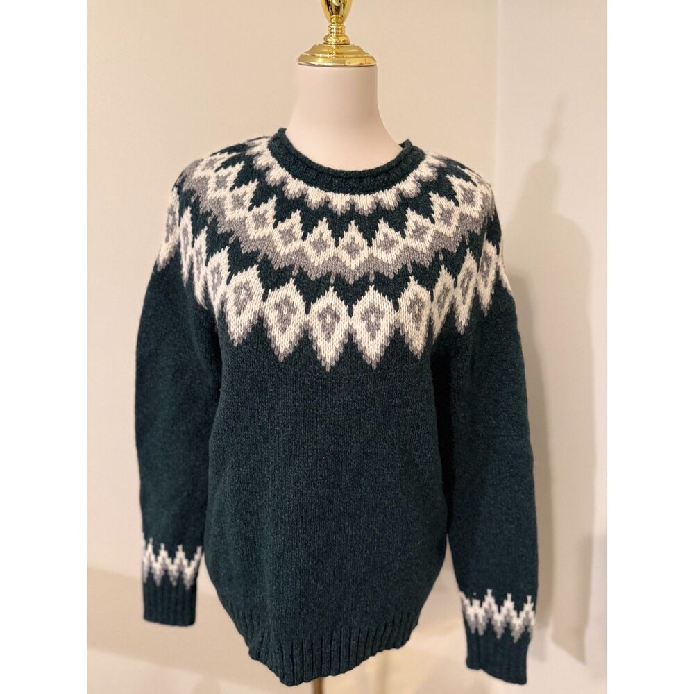 L.L.Bean Classic Ragg Wool Fair Isle Sweater Women’s M Green 100% Lambswool